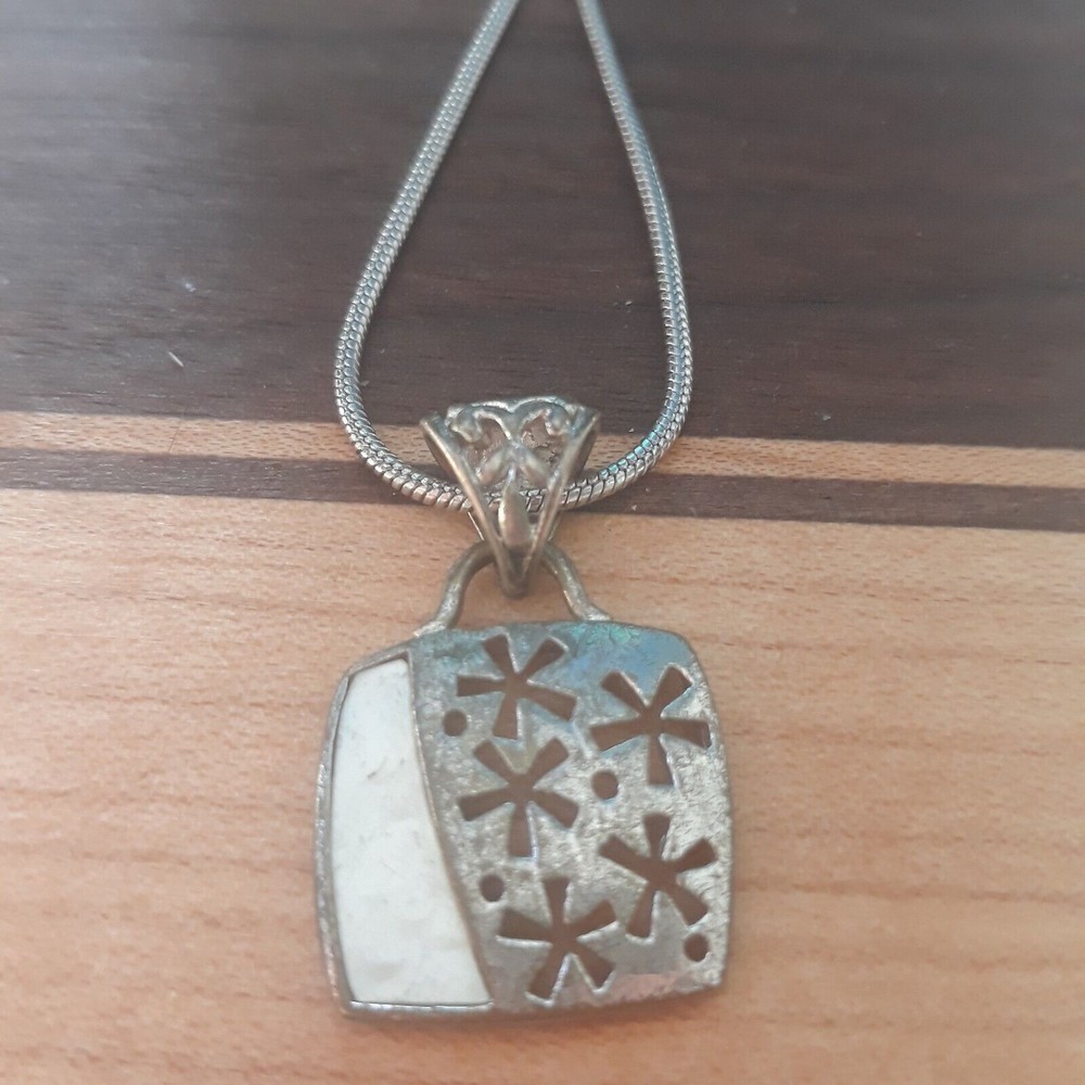 Vintage Sterling Silver 925 MOP Shell Pendant w/Free 18" Stainless Steel Chain